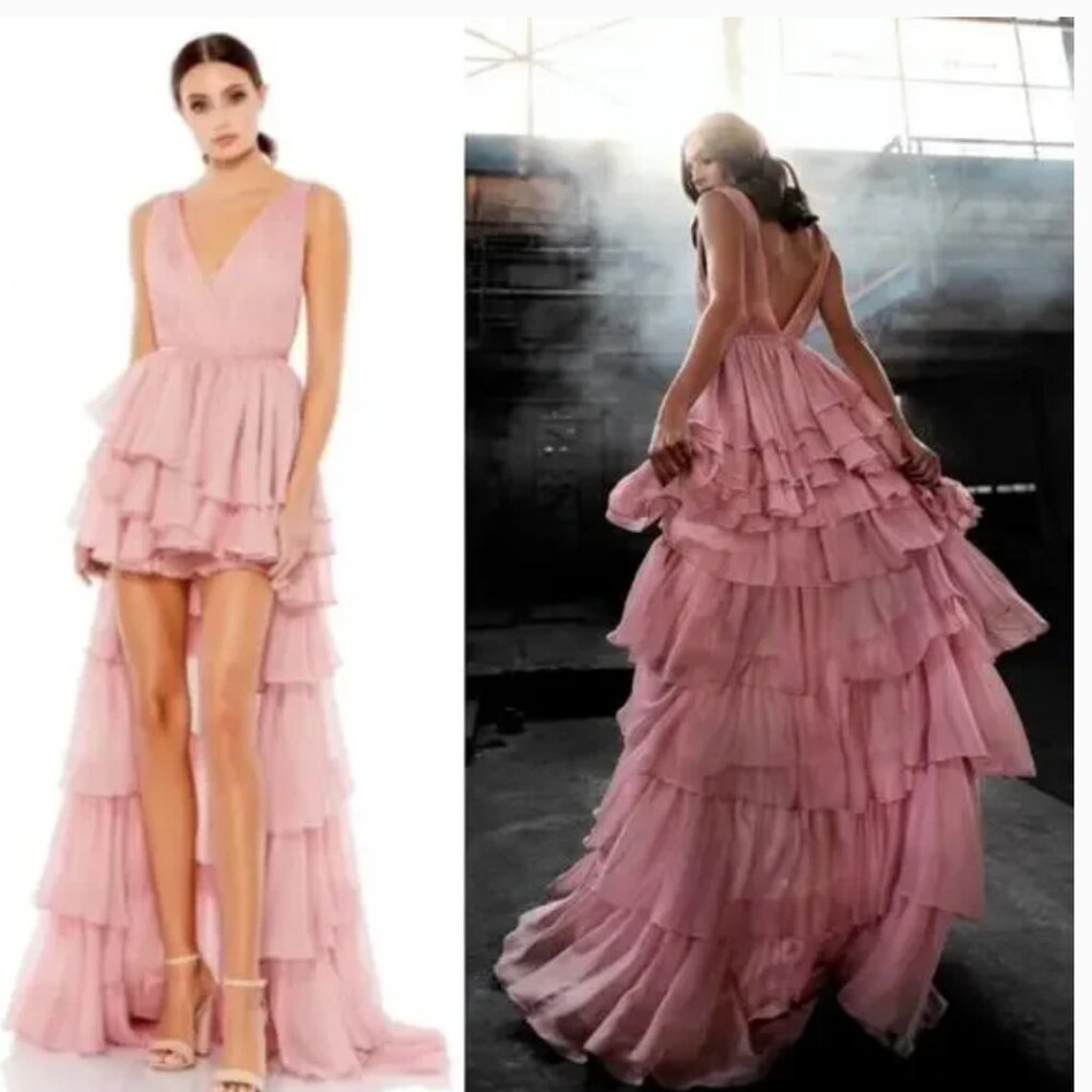 Mac Duggal 55320 High Low Tiered Gown With Built In Bodysuit Size 4 NWOT Rose - Picture 2 of 12